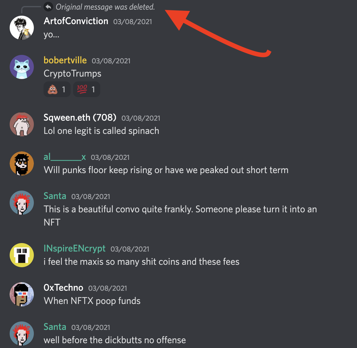 (The very first mention of “CryptoDickbutts in the Punks discord has been deleted. So I’ve linked to the general initial discussion instead here: https://discord.com/channels/329381334701178885/567343234687303700/818714020387094528 ) 