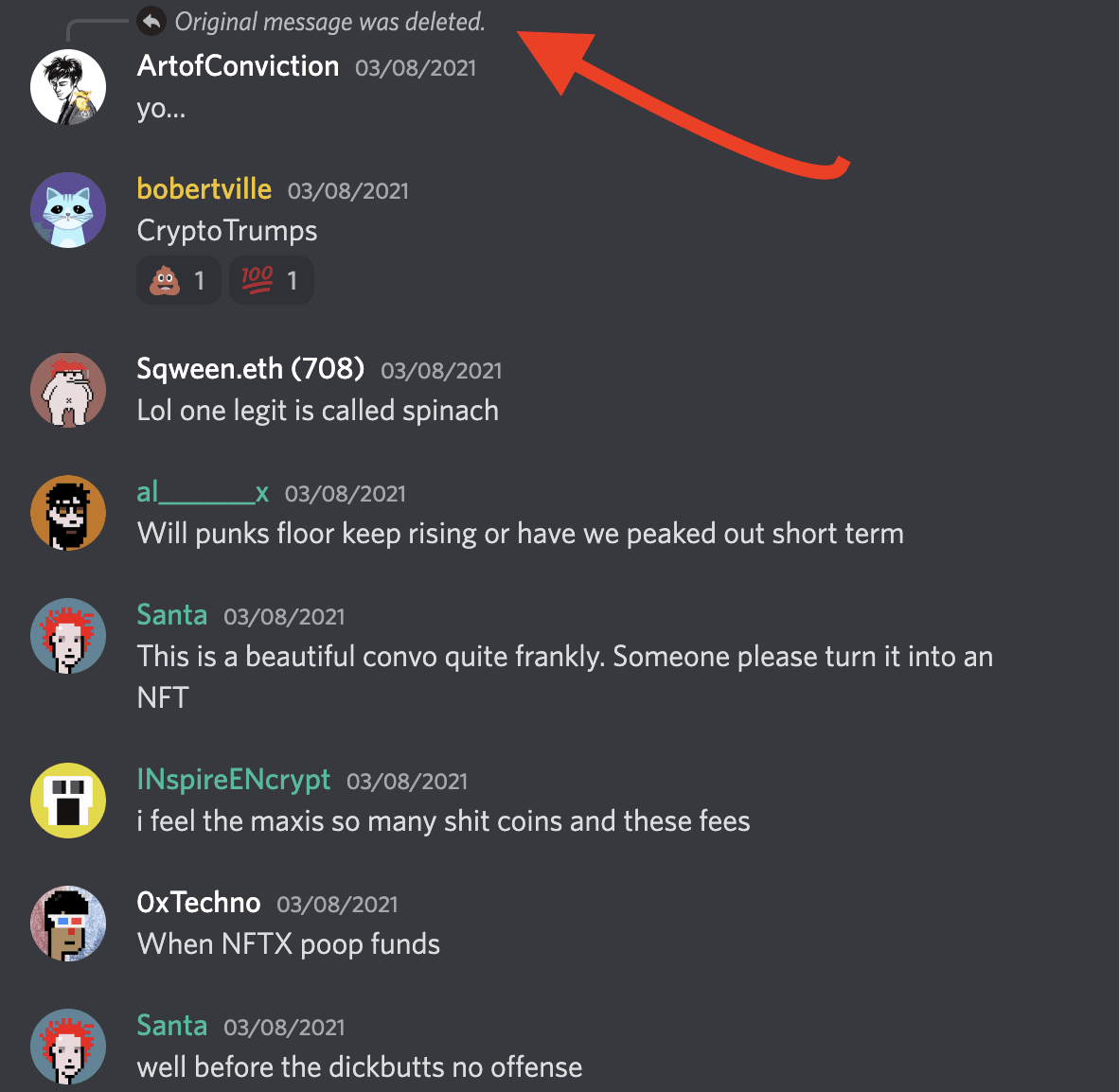 (The very first mention of “CryptoDickbutts in the Punks discord has been deleted. So I’ve linked to the general initial discussion instead here: https://discord.com/channels/329381334701178885/567343234687303700/818714020387094528 ) 